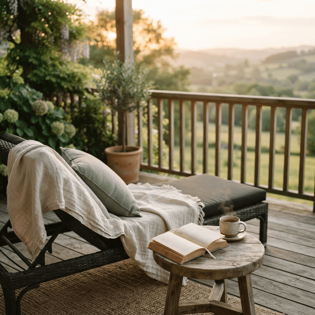 A peaceful porch with a lounge chair, book, and tea overlooking a calm landscape