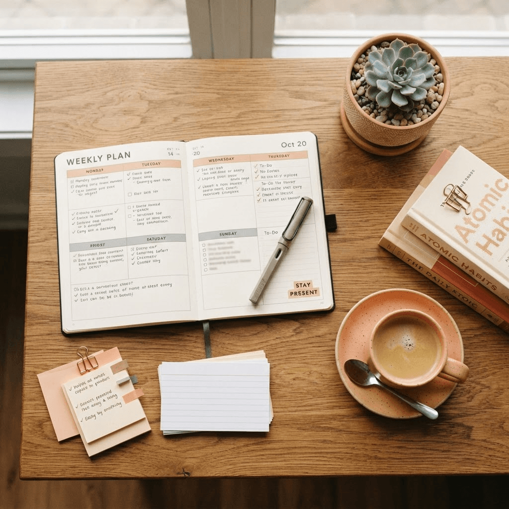 An organized planner, pen, books, and coffee arranged on a warm wooden table