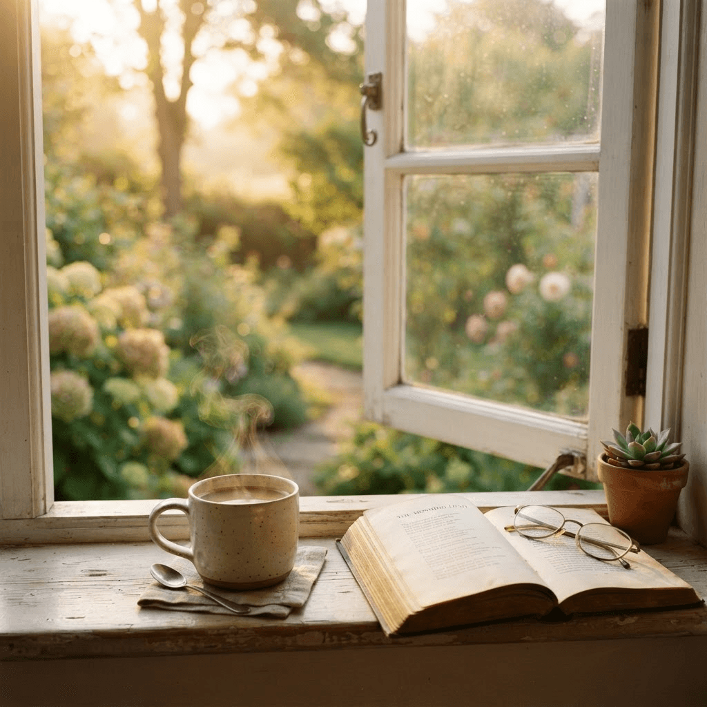 A warm cup of coffee on a windowsill overlooking a sunlit garden